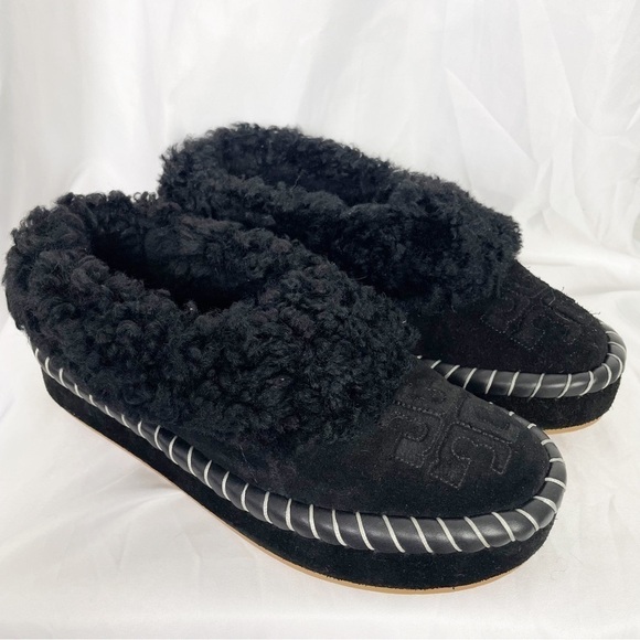 Tory Burch Shearling Suede Leather Slipper in Perfect Black Casual Lounge Warm - Picture 1 of 7